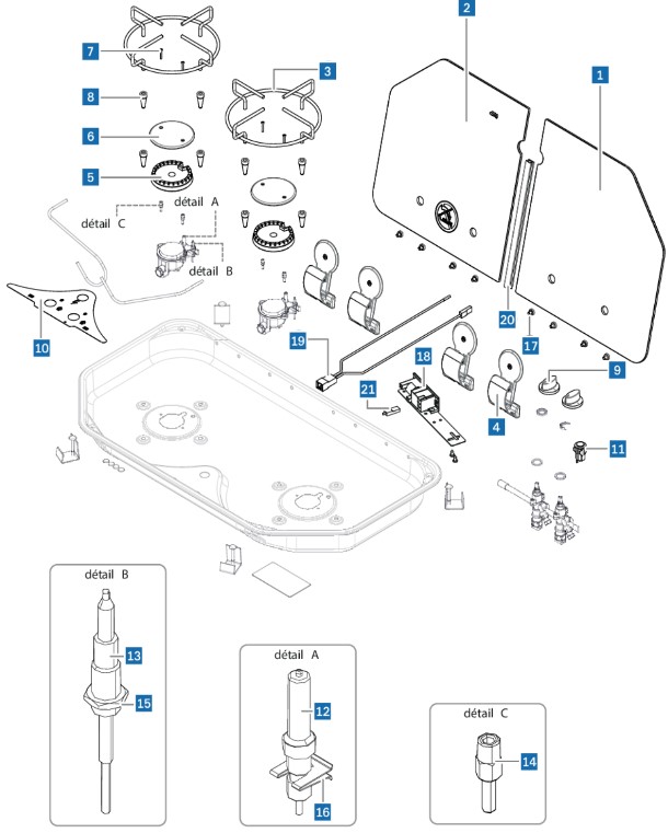 Eclaté du plan de cuisson gaz 2 feux CAN FC1362